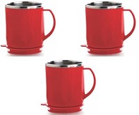 veniqe Unbreakable Double Wall Stainless Steel Tea, Coffee and Milk with Lid Set of 3 - RED Plastic Coffee Mug(250 ml, Pack of 3)