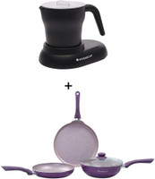 WONDERCHEF Combo Offer Cuppaccino Coffee Maker And Royal Velvet Plus Aluminium Non-Stick Cookware Set, 4Pc, Purple 2 Cups Coffee Maker(Black, Purple)