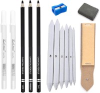 Definite Art Black Charcoal Pencils (Pack of 3), 0.8mm White Pen for Reflection and Highlighting Effect (Pack of 2) with Paper Art Blending Stumps (Pack of 6), Sand Paper Paddle and Kneadable Eraser for Pastel, Graphite & Charcoal Pencils