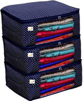 Tiarakrafts 3 Presents 3 Layered Cotton Quilted Large Saree Cover Storage Bag / Wardrobe Organizer with Transparent Window- Navy Blue - Pack of 3 SCQ-0A450 (Navy Blue) 63(Blue)
