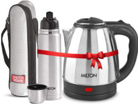 MILTON Combo Set Insta Electric Stainless Steel Kettle, 1.5 Litres, Silver and Flip Lid Thermosteel Hot or Cold Stainless Steel Water Bottle with Jacket, 750 ml, Silver Electric Kettle(2.25 L, Silver)
