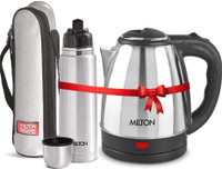 MILTON Combo Set Insta Electric Stainless Steel Kettle, 2 Litres, Silver and Flip Lid Thermosteel Hot or Cold Stainless Steel Water Bottle with Jacket, 1 Litre, Silver Electric Kettle(3 L, Silver)