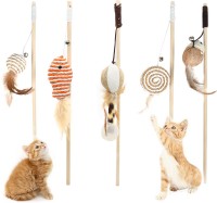 Qpets Premium Cat Toy Interactive Cat Toys Set of 5 Cat Teaser Wand Pet Toy for Cat Activity Fishing Rod with Mouse Natural Feathers Toys for Kittens to Play Cat Games and Toys Mouse Toy Wooden Ball For Cat