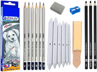 Definite Artline Set of 6 Love-Art Sketch Pencils + 3Pcs Black Charcoal Pencils (Hard, Medium and Soft) with Sharpener + Blending/Smudging Stumps Set of 6 (Size 1 to 6) + Sand Paper Pencil/Stump Sharpener + One Kneadable Eraser for Graphite and Charcoal Pencils