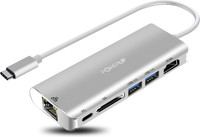 Power Up ELITE PLUS 6 in 1 Multi-Port Adapter Compatible with All USB-C Port Ethernet 1000M 5GBPS, 2 USB-C Port, Type-C PD Charge 3.0, SD Card Reader & HDMI 4K (30Hz) for Macbook Pro 13" & 15"- Silver USB Adapter(Grey)