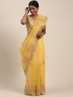 MAA KHODAL Embellished Fashion Organza Saree(Yellow)