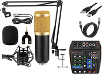 DawnRays Condenser Microphone For Home Studio Set with USB Sound Mixture( 2 Phantom Power Port) Suspension Arm Stand + Shock Mount+ Pop Filter+ USB 48V Phantom Power Supply, Full Studio Microphone Set Recording, Professional Studio Mic Set Kit Pop Filter, Splitter, Mic(Multicolor)