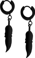 Shiv Jagdamba Feather Dangle Link Chain Drop Accessory Black Stainless Steel Dangle Surgical Hoop Earrings For Unisex Metal Hoop Earring, Clip-on Earring