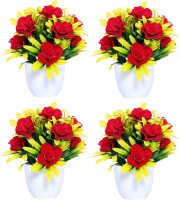 NERAPI Super Simulated Beautiful Design Love Red Roses Set Red Rose Artificial Flower  with Pot(7 inch, Pack of 4)
