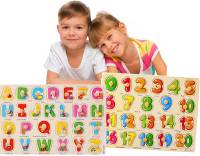 poksi The Toy Wooden Capital Alphabet AND NUMBERS COMBO Puzzles with Pictures for Children, Montessori Educational Learning ABC Letters Puzzle Board Toy