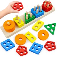 HENGLOBE Montessori Toys for 1 to 3-Year-Old Boys Girls Toddlers, Wooden Sorting & Stacking Toys for Toddlers and Kids Preschool, Educational Toys, Color Recognition Stacker Shape Sorter, Learning Puzzles Gift(Multicolor)