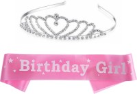 Curated Cart Birthday Girl Sashes and Crown I Rose Gold Sash I Diamond Ring Crown for Happy Birthday Girl Pack of 2 , Pink , Sliver(Set of 2)
