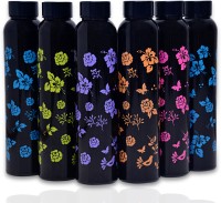 AneriDEALS Flower Printed Black Water Bottle for Fridge, for Home, Office, Gym & School Boy 1000 ml Bottle(Pack of 6, Black, Multicolor, Plastic)