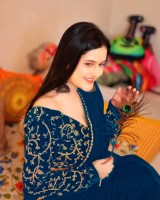 hutah Embroidered Bollywood Velvet Saree(Light Blue)