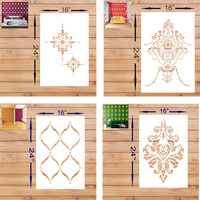 FLEXISHINE DECOR (Size:- 16X24 Inch) THEME-Damask, Chandelier , Lattice Ribbon AND Geoatryical Suitable For Bedroom, Drawing Room & Office Decoration Modern Home Wall Arts Stencil(Pack of 4, Paint Home Decor)
