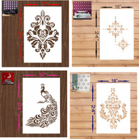 FLEXISHINE DECOR (Size:- 16X24 Inch) THEME-Damask, Modern Peacock,AND Quilting Pattern Suitable For Bedroom, Drawing Room & Office Decoration Modern Home Wall Arts Stencil(Pack of 4, Paint Home Decor)