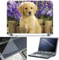 FineArts Cute Dog Wooden Back 3 in 1 Laptop Skin Pack With Screen Guard & Key Protector Combo Set(Multicolor)   Laptop Accessories  (FineArts)