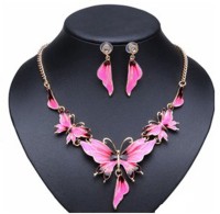 SENECIO™ Fluorescent Light Pink Oil Drop Enamel Butterfly Floral Crystal With Earrings Jewelry Gold-plated Plated Alloy Necklace Set