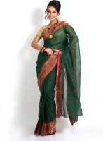 Purabi Woven Tant Handloom Cotton Blend Saree(Green)