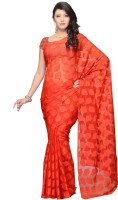 JTInternational Self Design Fashion Cotton Blend Saree(Red, Beige)