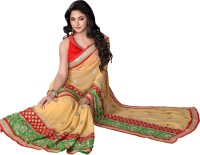 Khoobee Self Design, Embroidered, Embellished Fashion Poly Georgette Saree(Red, Green, Beige)