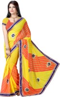 Desi Butik Embroidered Fashion Art Silk Saree(Orange, Yellow)