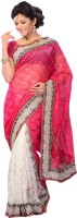 JTInternational Self Design Fashion Cotton Blend Saree(White, Pink)