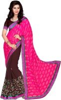 Jiya Self Design, Embroidered, Embellished Fashion Cotton Blend, Poly Georgette Saree(Brown, Pink)