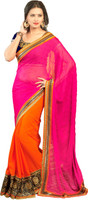 Vastrangam Embroidered Fashion Poly Georgette Saree(Pink, Orange) Vastrangam Embroidered Fashion Poly Georgette Saree(Pink, Orange)