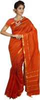 Kanheyas Striped Fashion Handloom Cotton Blend Saree(Orange)