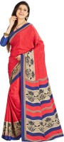 Khoobee Printed Fashion Poly Crepe Saree(Red, Blue)