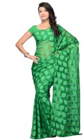 JTInternational Self Design Fashion Cotton Blend Saree(Green, Beige)