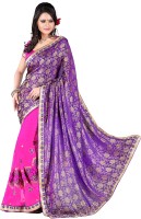 Khoobee Embroidered Fashion Poly Georgette Saree(Purple, Pink)