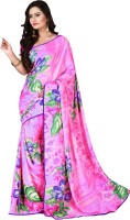 Khoobee Floral Print Fashion Poly Georgette Saree(Multicolor, Pink)