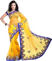 Desi Butik Embroidered Fashion Cotton Blend Saree(Yellow)