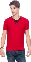 Mufti Solid Men V-neck Red T-Shirt