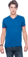 Mufti Solid Men V-neck Blue T-Shirt