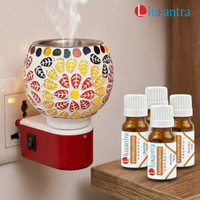 Luxantra Sandalwood Fragrance Air Freshener Diffuser Set Electric Kapoor Dani Camphor Diffuser with Ceramic Aroma Burner & 4 Fragrance Aroma Oils of10 ml each, for Home, Hotel, Office & Spa(4 x 10 ml)