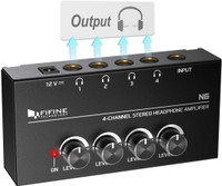FIFINE N6 Headphone Amplifier 4 Channel Metal Stereo Audio Amplifier, Mini Earphone Splitter with Power Adapter - 4x Quarter Inch Balanced TRS Headphones Output and TRS Audio Input for Sound Mixer.