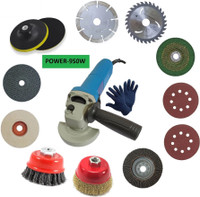 DUMDAAR Heavy duty Electric Angle Grinder Machine with 1pair Glove 2pc Vecro pad 1pc 4inch (Felt Flap Metal Cutting Grinding Marble Wood Wheel ) 1p 5inch Backing Pad 2pc 3inch Golden and Twisted Cup brush set Angle Grinder(100 mm Wheel Diameter)