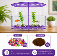 Fishkart Purple Mini Fish Tank for Small Fish | 2Compartment | 200g stones & 50g FishFood Corner Pentagon Aquarium Tank(1.8 L)