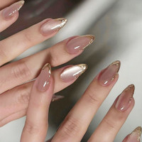 The Blue Box Set of 24 Press on Nails in Luxury Almond nails with Gold tips in Cat Eye effect Golden, Pink(Pack of 24)