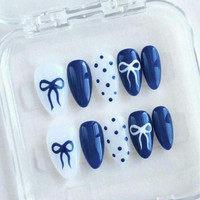 NextEra Blue white dot & bow artificial nails press on nails Pack of 12 pcs Blue, White(Pack of 12)