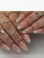 Gher Nude White Tips with Golden Bow Design Gold Bow white(Pack of 24)