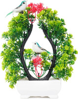 POKA Artificial Plants With Bird For Home, Room decoration, Bedroom, House & wedding Bonsai Wild Artificial Plant  with Pot(23.5 cm, Green, Red)