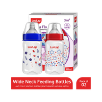LuvLap Anti-Colic Wide Neck Natural Flow Baby Feeding Bottle, Floral BPA Free Pack of 2 - 250 ml(Red, Blue)