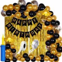 Magic Balloons Solid Happy Birthday Decoration Kit Combo - 61pcs Birthday Banner Golden Foil Curtain Metallic Confetti Balloons With Hand Balloon Pumo And Glue Dot for Boys Girls Wife Adult Husband Mom Dad/Happy Birthday Decorations Items Balloon Bouquet(Gold, Black, Pack of 61)