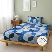 Weave & Decor Microfiber Single Fitted (Elastic) 300 TC Geometric 1 Bedsheet with 2 Pillow Covers(Blue)