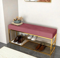 woodsyshoppee Entryway Bench Shoe Rack For Living Room,Stable Shoe Rack With Soft Cushion-Pink Fabric 3 Seater(Finish Color - Golden, Pre-assembled)