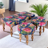 Ikiriya Bestone Sheesham Wood Mid Century Solid Wood 4 Seater(Finish Color - Fruit Print Blue Kantha 4s, DIY(Do-It-Yourself))